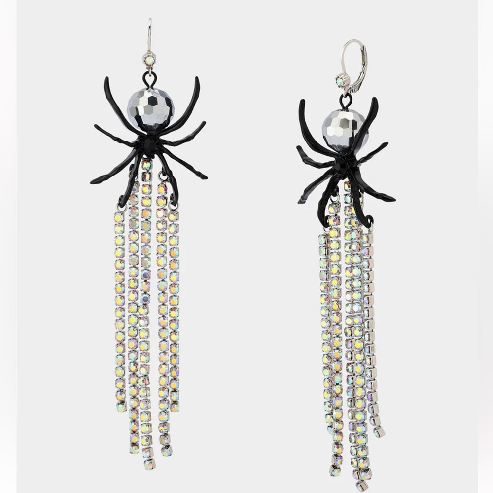 NIB Betsey Johnson Halloween Crystal Disco Spider Dangle Earrings